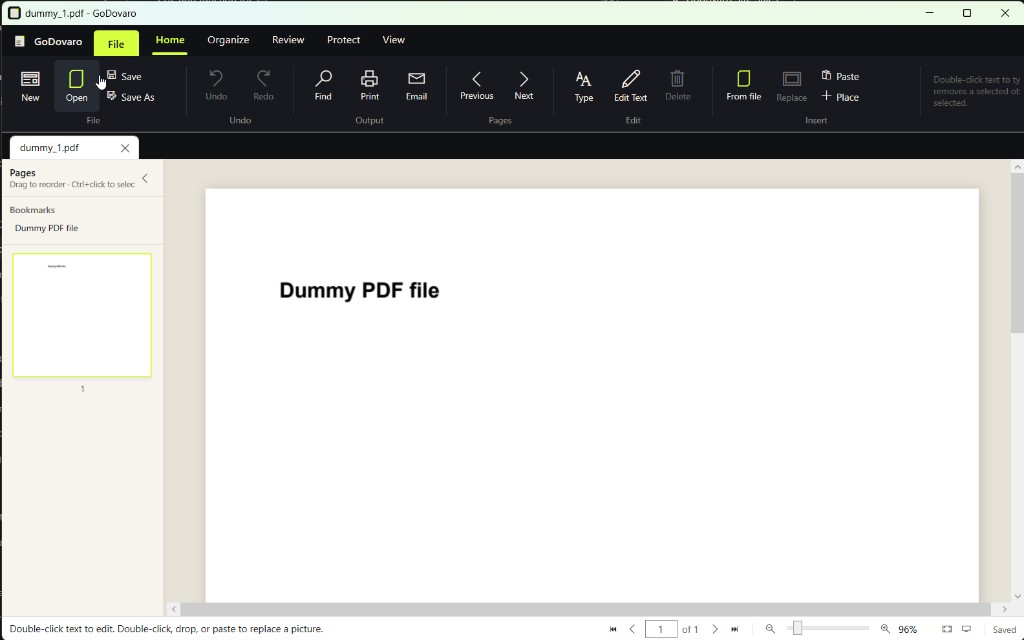 GoDovaro on Windows. Home, Organize, Review, Protect, and View sit on the ribbon. A PDF is open on this PC.
