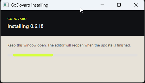 GoDovaro installing a published version. The editor reopens when the update is finished.