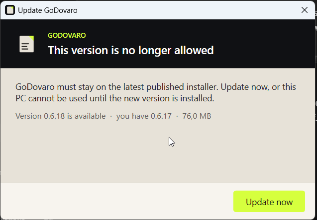 GoDovaro update: this version is no longer allowed. The latest published installer is required.