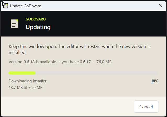 GoDovaro downloading the installer. The editor restarts when the new version is installed.